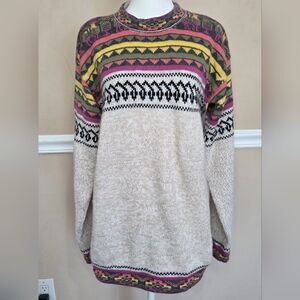 Peruvian Colorful Crew Neck Alpaca Blend LLama Pattern Sweater Size Large